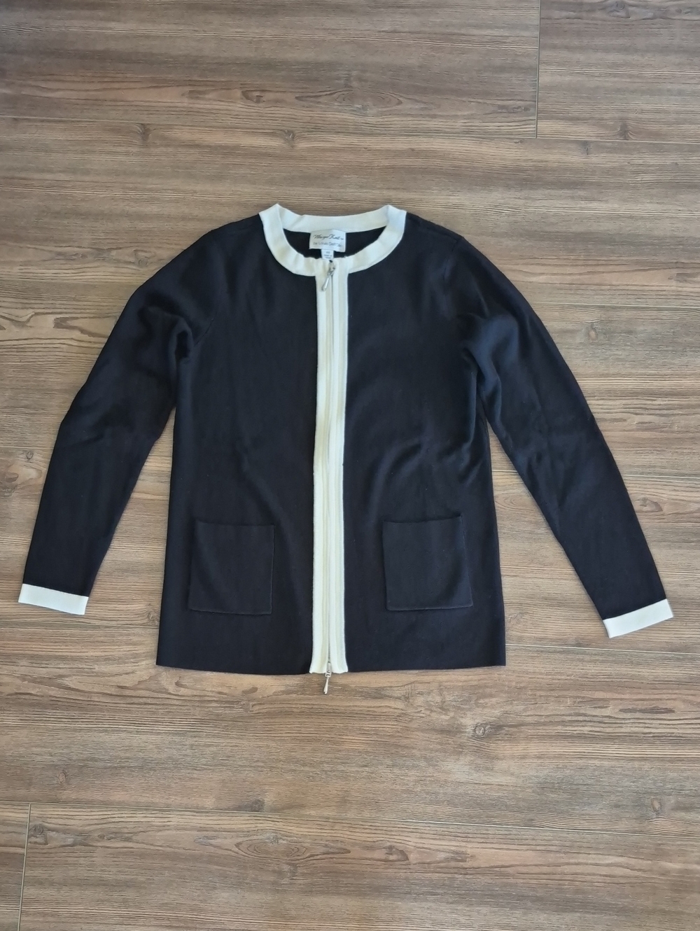 Women's Black Zip-Front Cardigan Jacket with White Trim